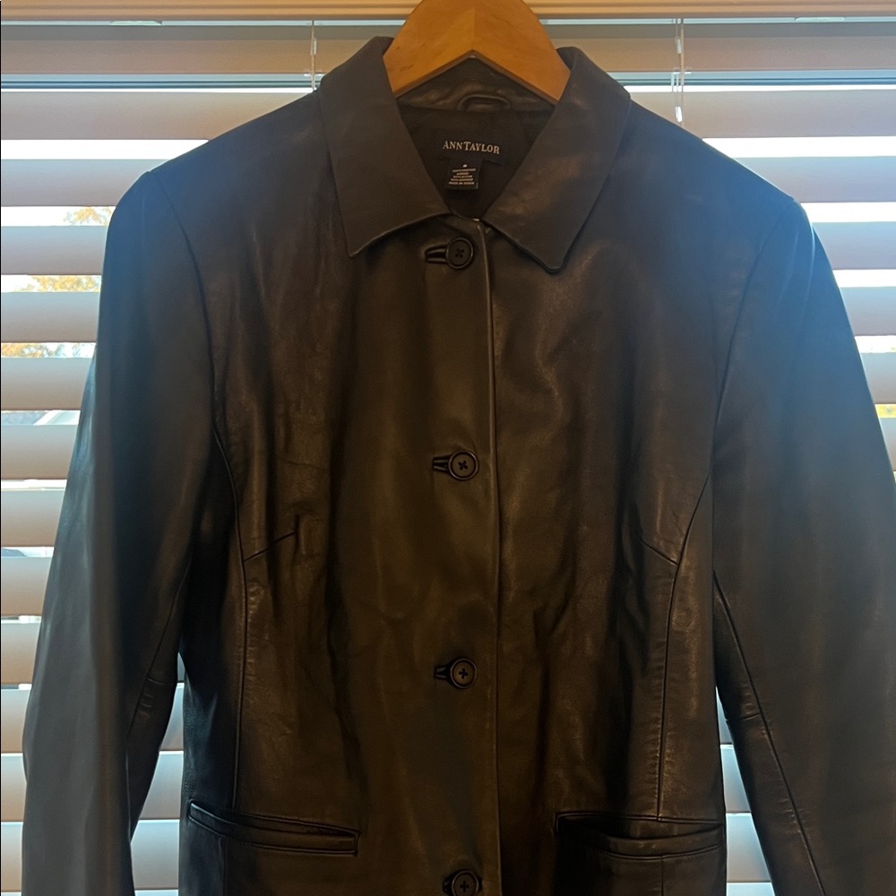 Ann Taylor Black Leather Button-Front Jacket